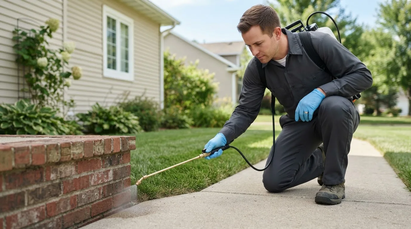 Pest control technician treating a home near Chrisney, IN